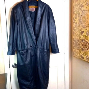 Vintage 80' International Leather Collection Trench Coat Black Button Close SzLg